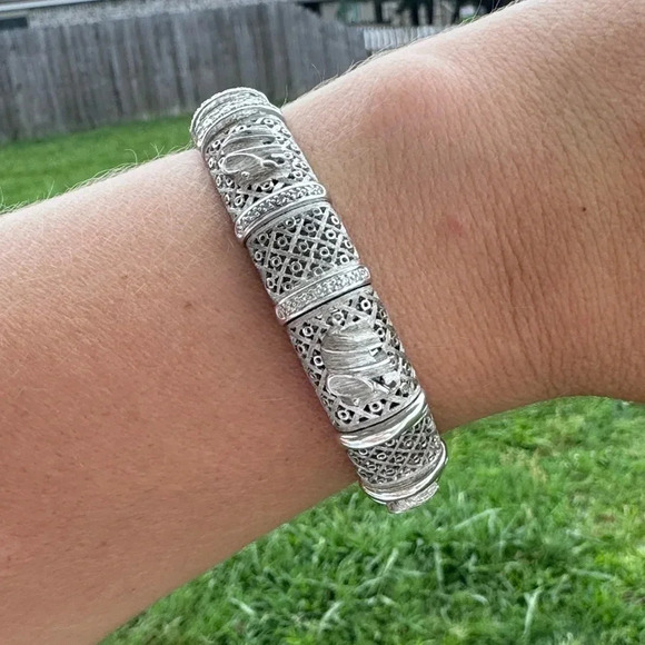 Diamond and Sterling Silver Elephant Cuff Bangle Bracelet - Picture 1 of 11